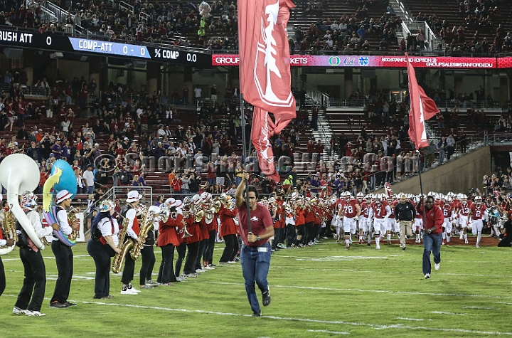 2015StanWash-022.JPG - Oct 24, 2015; Stanford, CA, USA; Stanford Cardinal team takes the field lead by head coach David Shaw for game  against the Washington Huskies at Stanford Stadium. Stanford beat Washington 31-14.